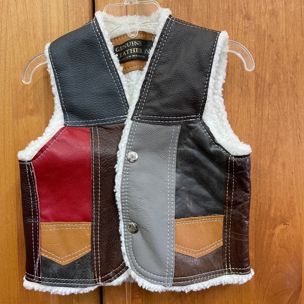Mexican Vintage Brown Colorful Leather Sherpa Lined Vest Youth Medium Warm 4 5